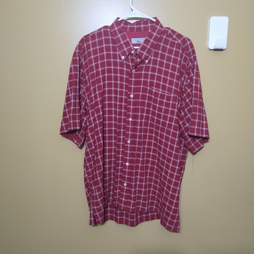 Vintage 90s Foliage Short Sleeve Button Down Red Plaid Linen Blend Shirt XXL